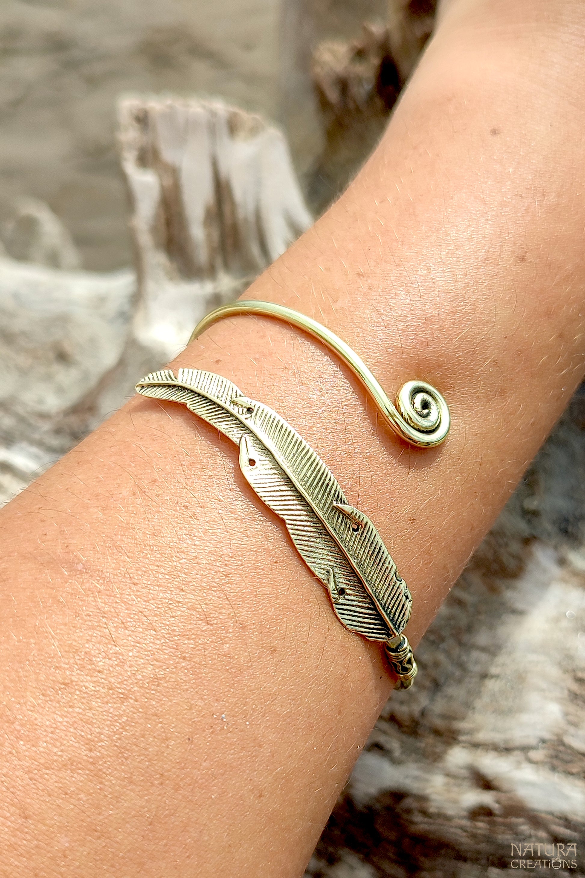 Spiral Feather Bracelet ๑ Adjustable Brass Bracelet